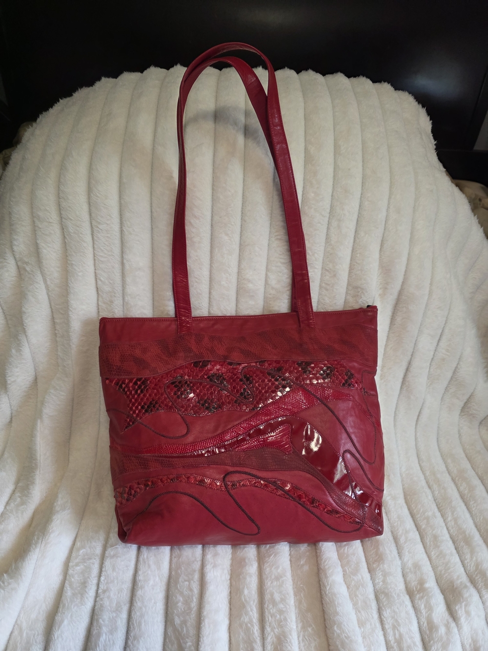 Carlos Falchi Red Mixed-Texture Leather Tote